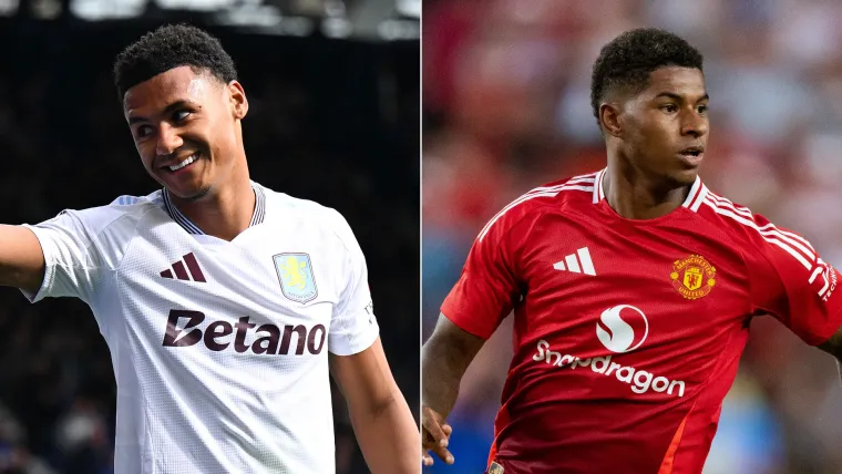 Ollie Watkins of Aston Villa and Marcus Rashford of Man United split