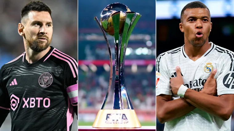 Lionel Messi and Kylian Mbappe with Club World Cup trophy split