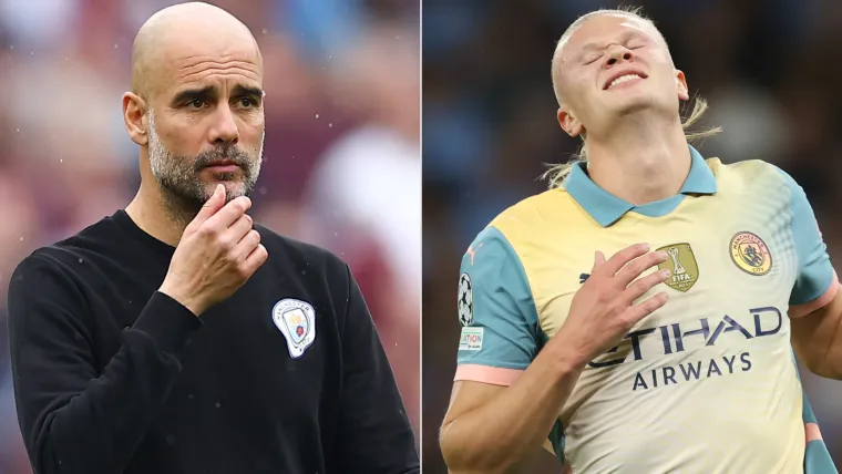 Pep Guardiola (L) and Erling Haaland