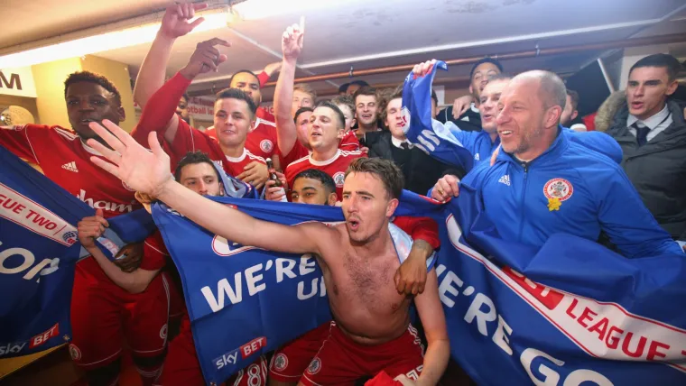 Accrington Stanley players celebrate promotion in 2018