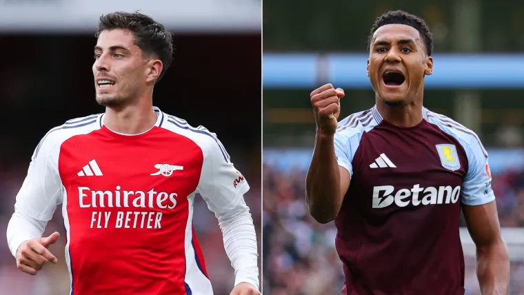 Kai Havertz of Arsenal and Ollie Watkins of Aston Villa split