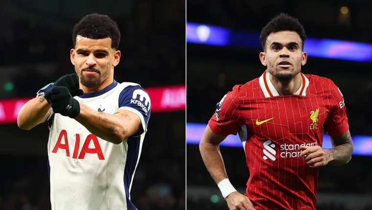 Dominic Solanke of Tottenham and Luis Diaz of Liverpool split