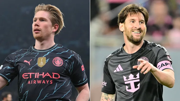 Kevin de Bruyne of Man City and Lionel Messi of Inter Miami split
