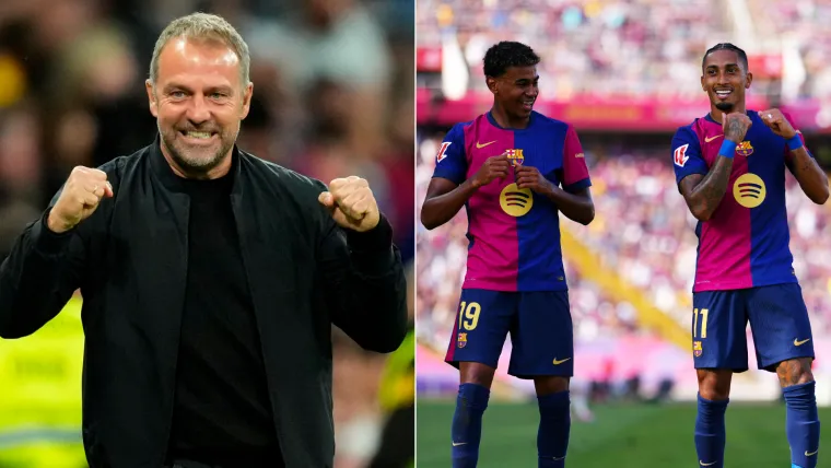 Hansi Flick, Lamine Yamal, and Raphinha of Barcelona split