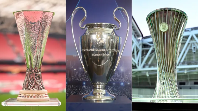 Europa League, Champions League, and Conference League trophies split