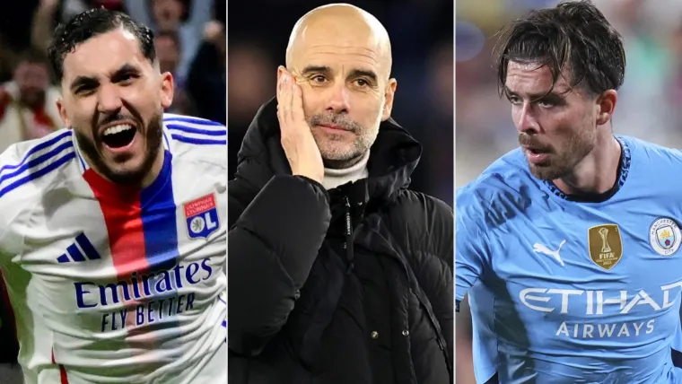 Rayan Cherki (L), Pep Guardiola (C), and Jack Grealish (R)