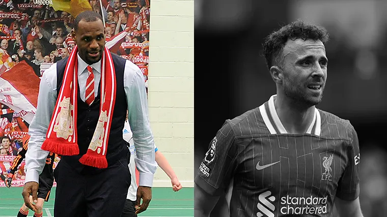 LeBron James durante visita ao Liverpool e Diogo Jota, jogador dos Reds que faleceu nesta quinta (03/07)