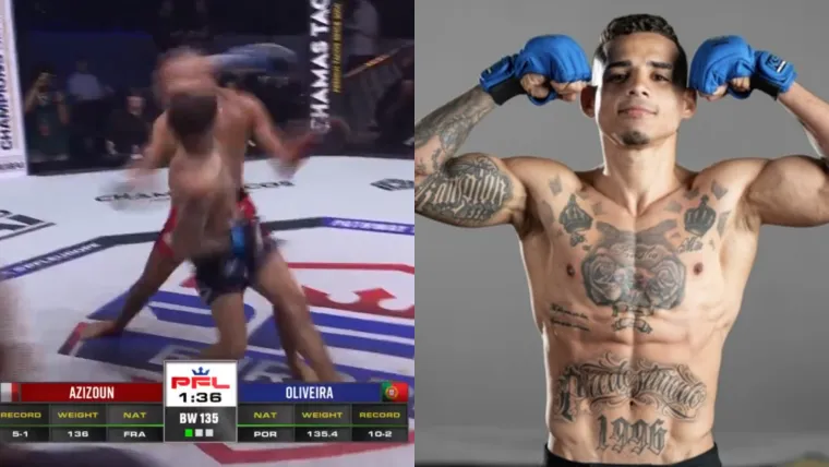 Still frame of Gustavo Oliveira's spinning elbow knockout next to a solo picture of him.