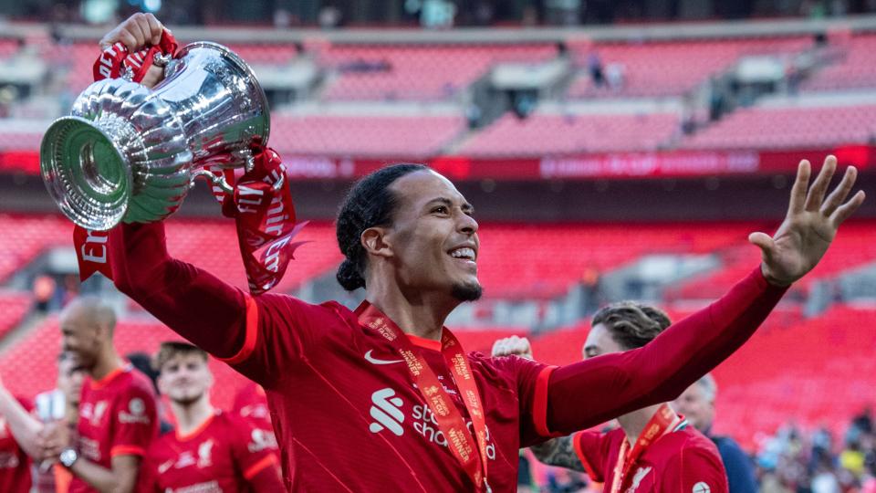 Virgil van Dijk celebrates with the FA Cup